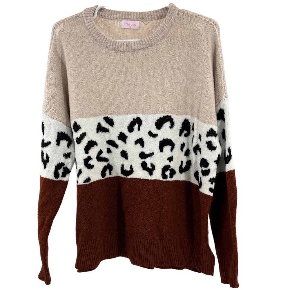 Pink Lily cheetah print striped neutral sweater L tan brown fall casual winter
